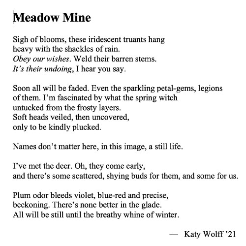 Senior Katy Wolff's poem which won her Thornton Wilder Poetry award